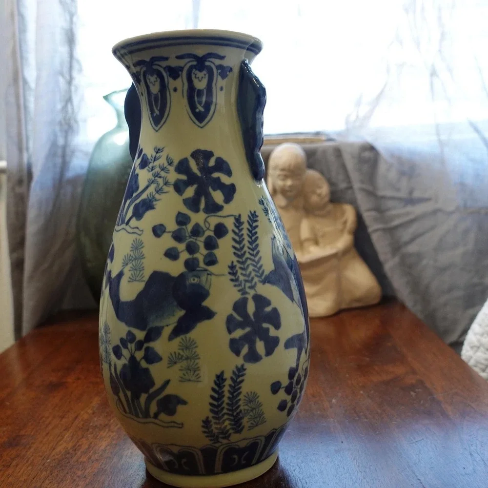 Blue and White Chinoiserie Fish Motif Ceramic‎ Vase with Handles 11 Inch Tall